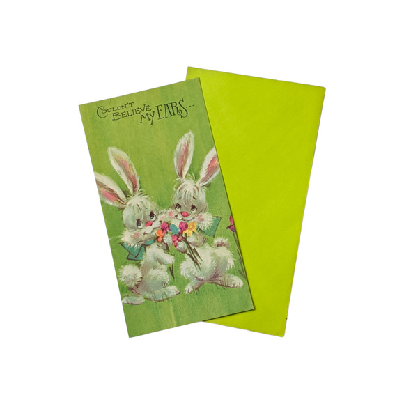 Vintage 60s Blank Greeting Cards "I'm All Ears" Kitschy Rabbit Design Lime Green - Picture 2 of 6